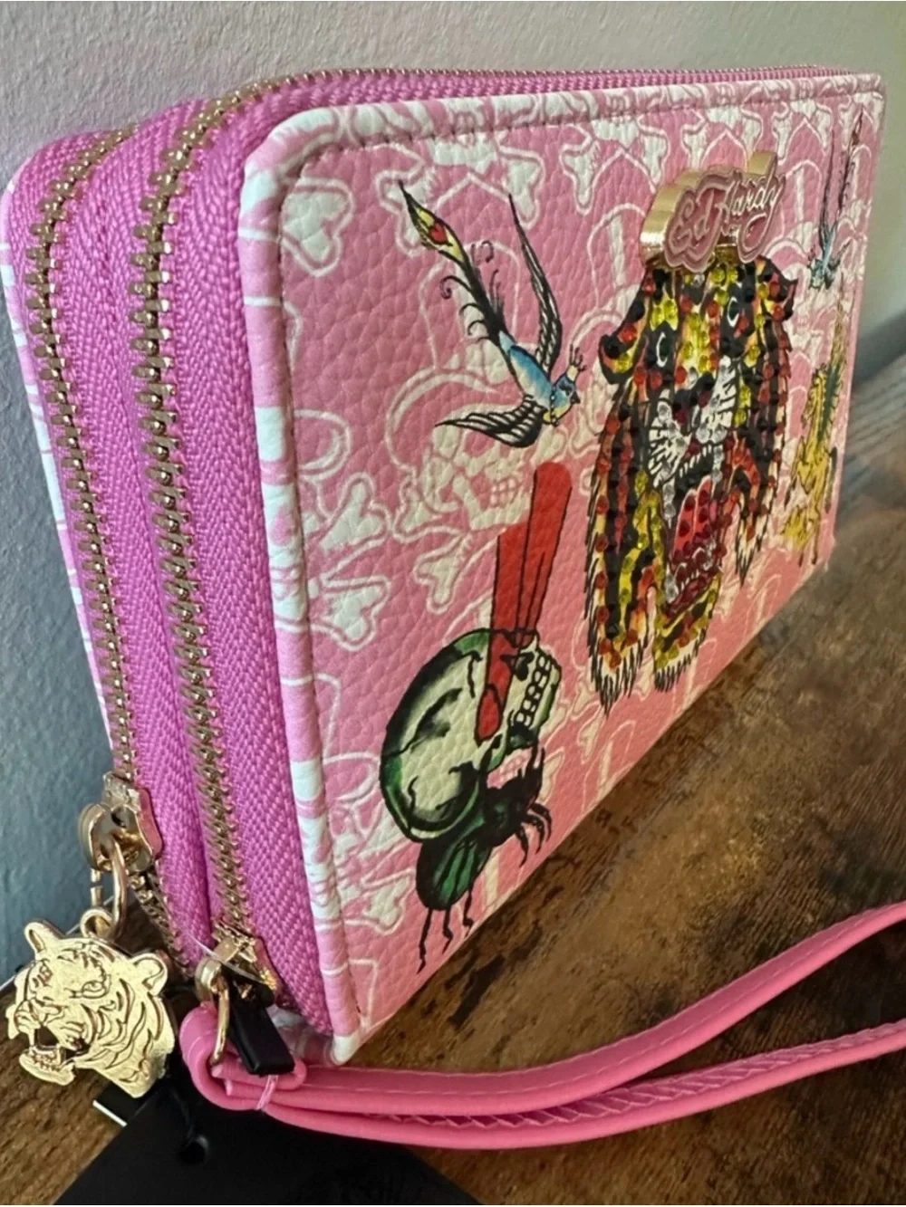 Ed Hardy Pink Tattoo Motif Wristlet with Leopard Tiger and Pegasus